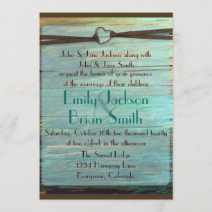 Invitación Boda rústica de madera turquesa con hebilla de cor