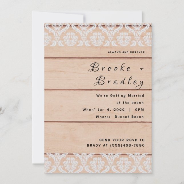 Invitación Boda Rústica de Madera y Encaje (Anverso)