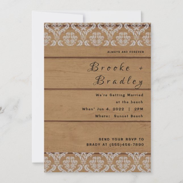 Invitación Boda Rústica de Madera y Encaje (Anverso)