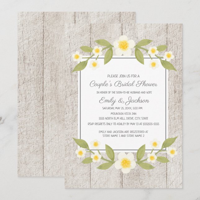 Invitación Boda Rústica de Madera y Flores Blancas para Parej (Anverso / Reverso)