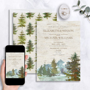 Invitación Boda Rústica de Montaña Bosque Acuarela Abedul