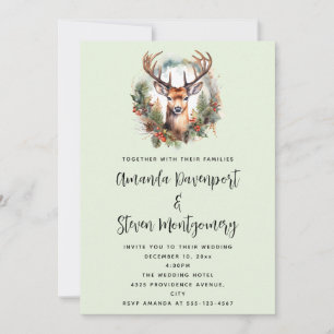 Invitación Boda rústica de Navidad con ciervo marrón con cuer