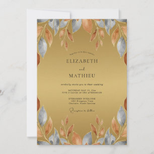 Invitación Boda Rústica de Ocre con Hojas de Pizarra
