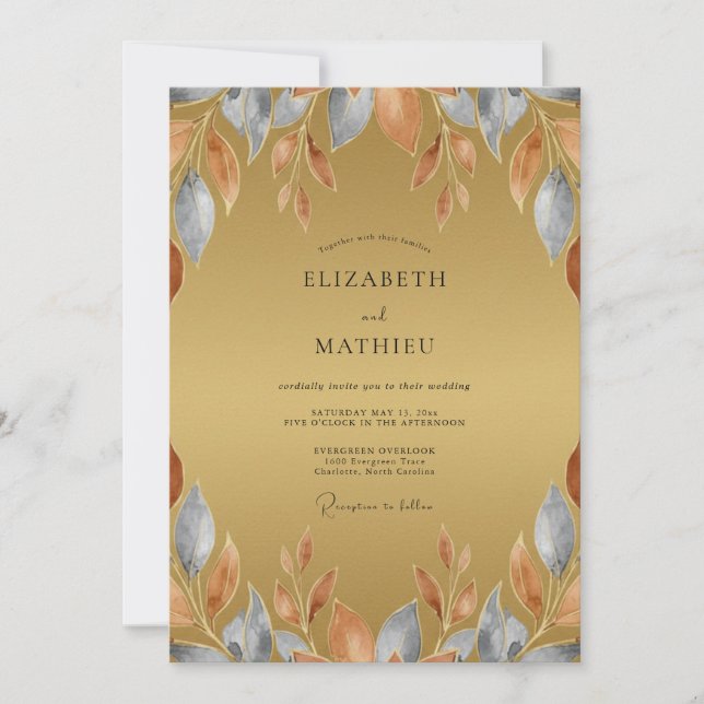 Invitación Boda Rústica de Ocre con Hojas de Pizarra (Anverso)