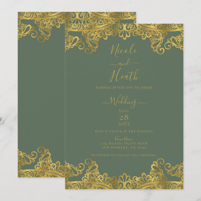 Invitación Boda Rústica de Olive & Gold Lace Elegante (Anverso / Reverso)