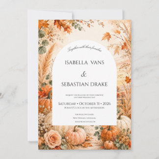 Invitación Boda rústica de otoño con calabazas y flores boho