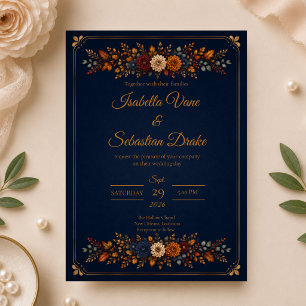 Invitación Boda rústica de otoño en azul marino