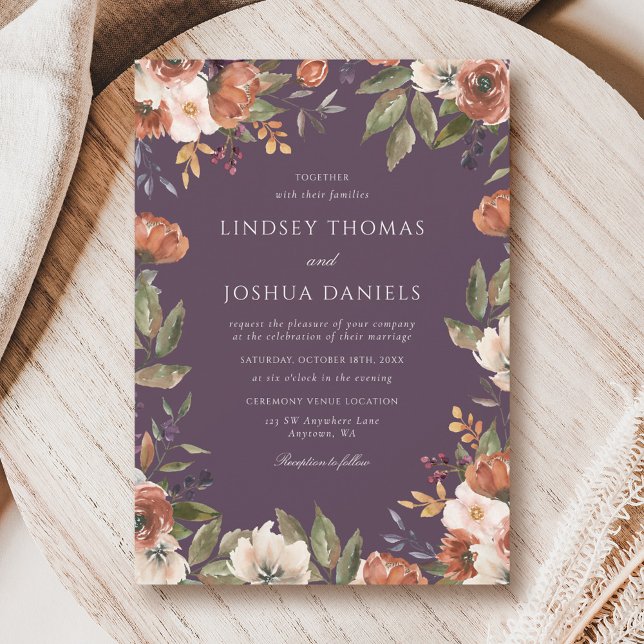 Invitación Boda rústica de otoño floral púrpura (Subido por el creador)