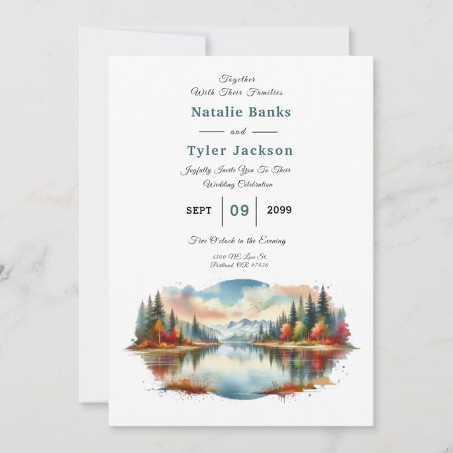 Invitación Boda Rústica de Otoño junto al Lago en el Bosque (Anverso)