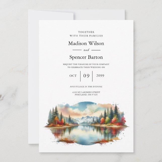 Invitación Boda Rústica de Otoño junto al Lago en el Bosque (Anverso)