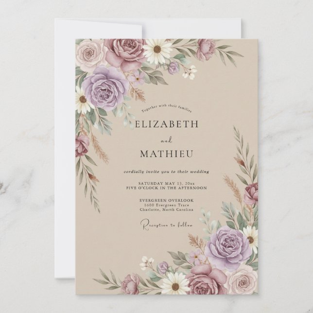Invitación Boda Rústica de Pampas Malva (Anverso)