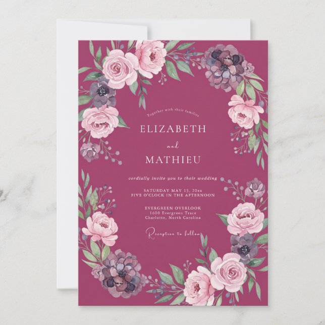 Invitación Boda Rústica de Peonía Magenta (Anverso)