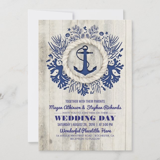 Invitación Boda Rustica de Playa de Ancla Náutica de la Marin (Anverso)