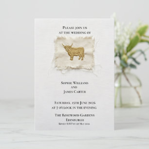 Invitación Boda Rústica de Tela de Lino con Vaca de las Highl