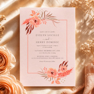 Invitación Boda Rústica de Terracota con Floral Rosa Coral