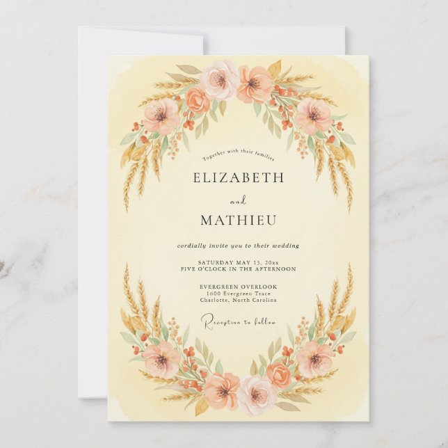 Invitación Boda Rústica de Trigo en Prado de Melocotón (Anverso)
