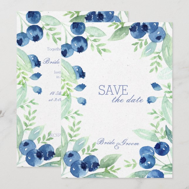 Invitación Boda rústica de verano de Blueberry SAVE la fecha (Anverso / Reverso)