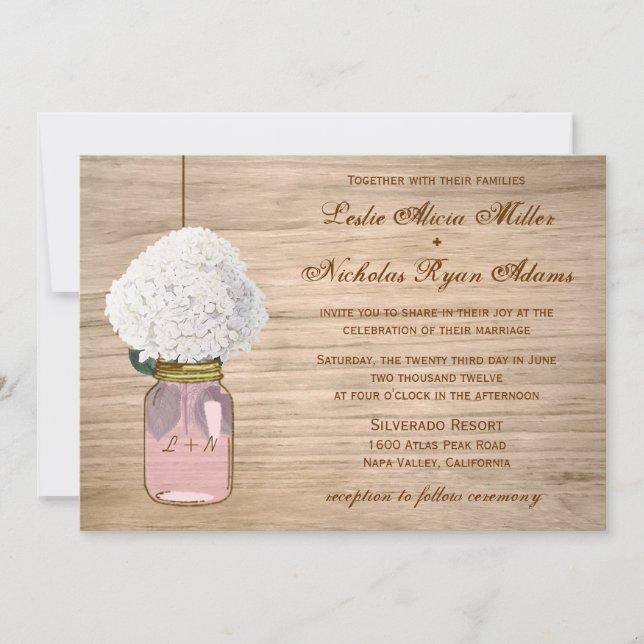 Invitación Boda rústica del Hydrangea del tarro de albañil (Anverso)