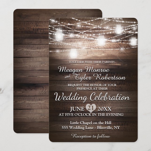 Invitación Boda rústica del país con las luces de la (Anverso / Reverso)