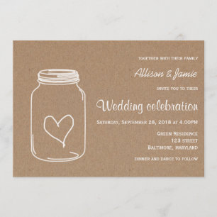 Invitación Boda rústica del país del corazón de Masonjar del