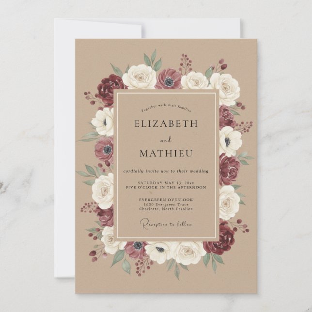 Invitación Boda Rústica Distinguida de Color Granate (Anverso)