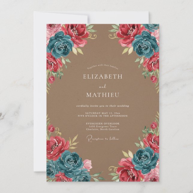 Invitación Boda rústica distintiva de color verde azulado (Anverso)