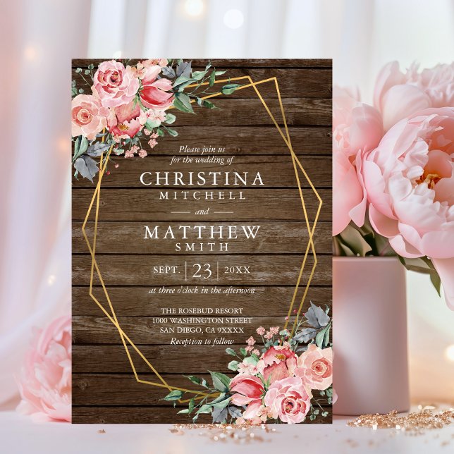 Invitación Boda rústica dorada con flores de acuarela en rosa (Watercolor Floral Blush Pink Rustic Gold Wedding Invitation)
