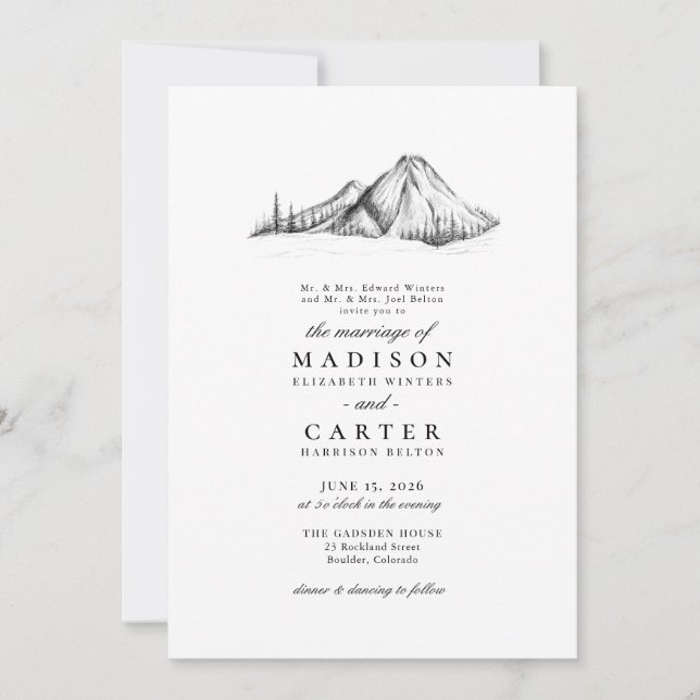 Invitación Boda Rústica Elegante de Sketch de Montaña (Anverso)