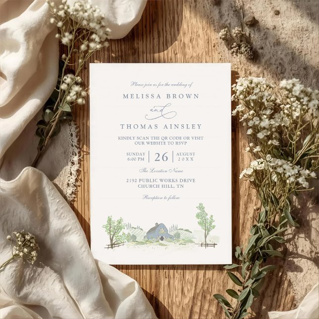 Invitación Boda rústica en granero azul con código QR (Subido por el creador)