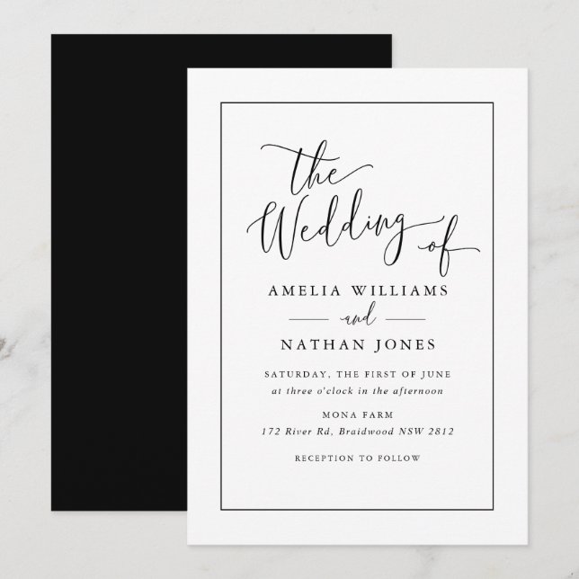Invitación Boda Rústica en Negro y Blanco   (Anverso / Reverso)