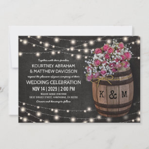 Invitación Boda rústica en viñedo con luces florales rosadas