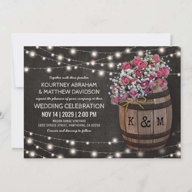 Invitación Boda rústica en viñedo con luces florales rosadas (Anverso)