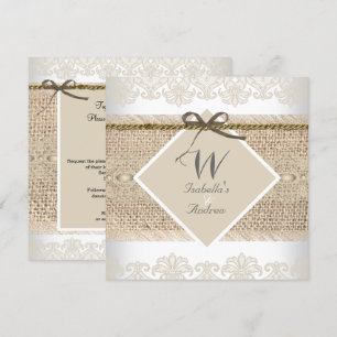 Invitación Boda Rústica Encaje beige Arpillera Blanco