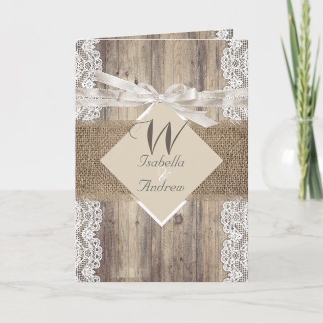 Invitación Boda Rústica Encaje Blanco Beige Madera Arpillera (Anverso)