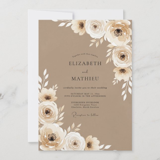 Invitación Boda Rústica Flor de Beige (Anverso)