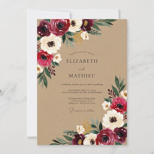 Invitación Boda Rústica Flor de Borgoña (Anverso)