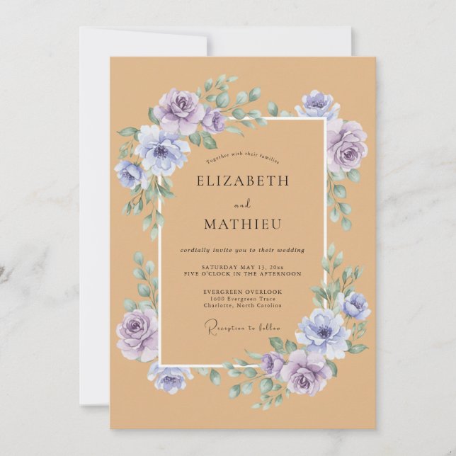 Invitación Boda Rústica Flor de Lavanda Caramelo (Anverso)