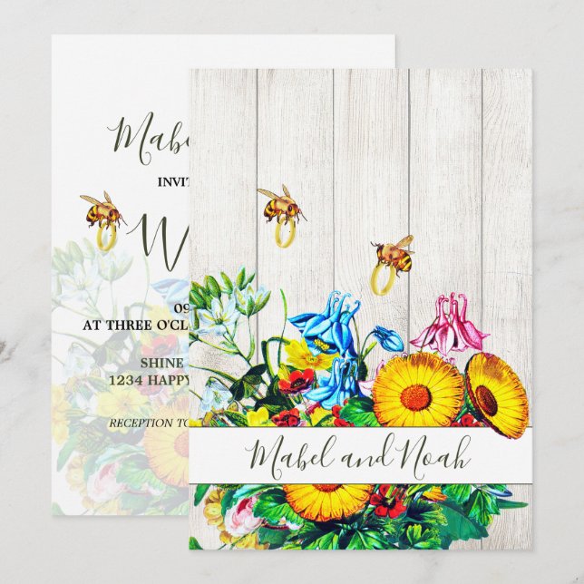 Invitación Boda Rústica Floral Abejas Oro Eco (Anverso / Reverso)