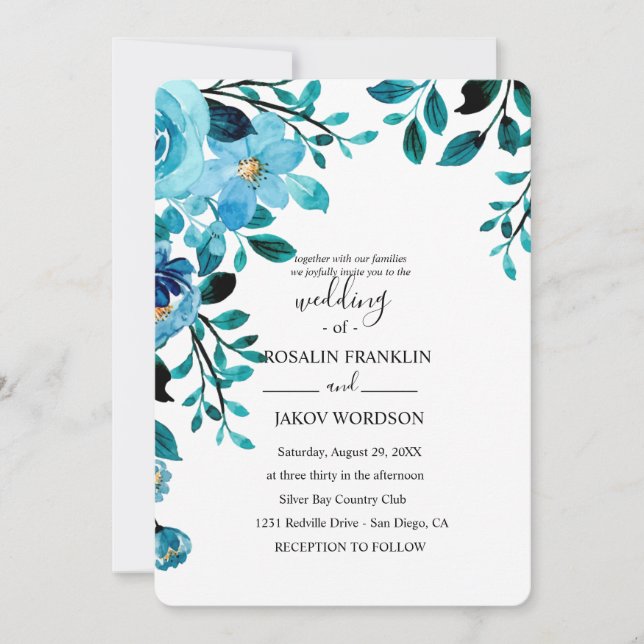 Invitación boda rústica floral acuarela azul (Anverso)