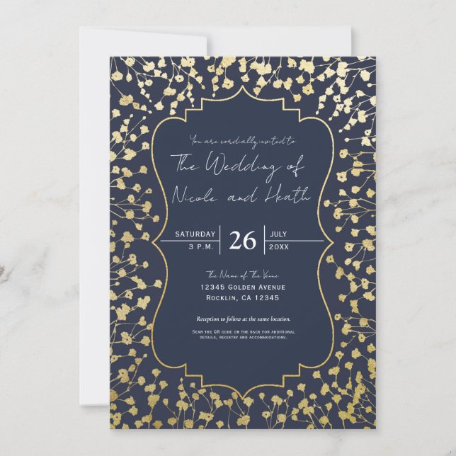 Invitación Boda Rústica Floral Aliento de Bebé Dorado Azul (Anverso)