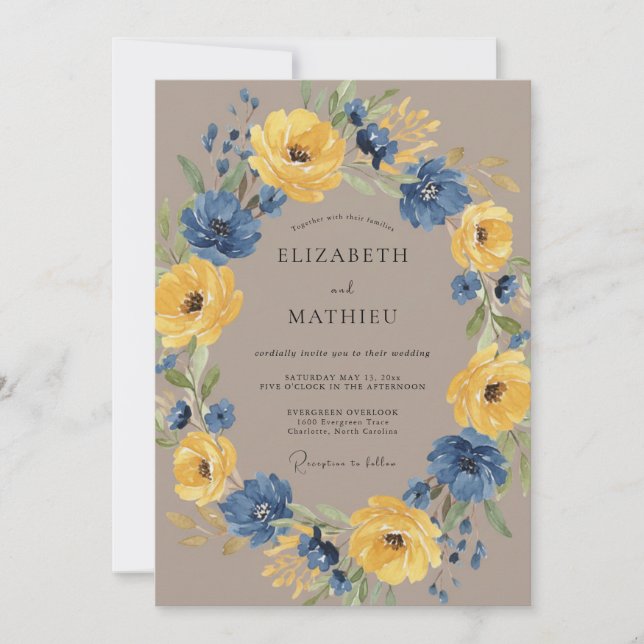 Invitación Boda Rústica Floral Azul Marino (Anverso)