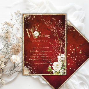 Invitación Boda Rústica Floral Blanca Roja Dorada Elegante