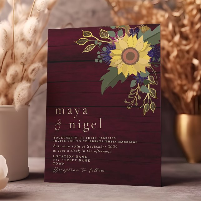 Invitación Boda rústica floral boho de burgundy (Subido por el creador)