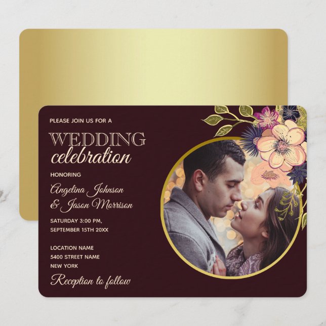 Invitación Boda Rústica Floral Borgoña (Anverso / Reverso)