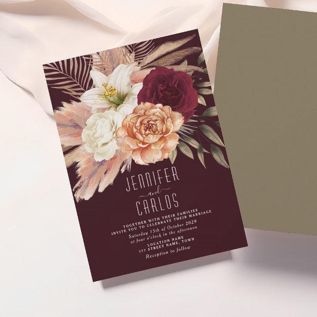 Invitación Boda Rústica Floral Borgoña y Melocotón (Subido por el creador)