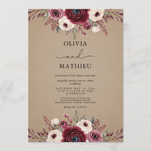 Invitación Boda Rústica Floral Caprichosa de Borgoña