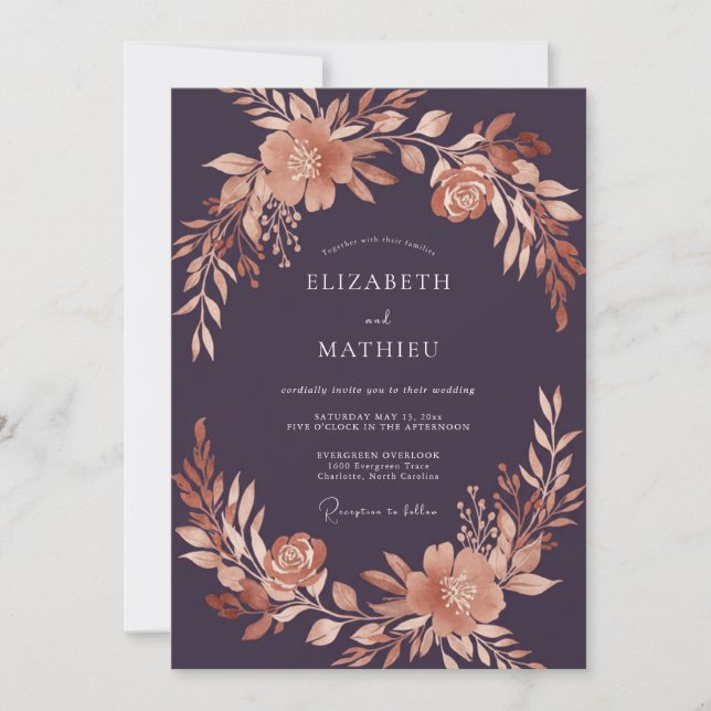 Invitación Boda Rústica Floral Ciruela Abrazo (Anverso)