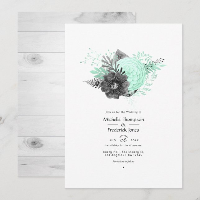 Invitación Boda rústica floral con menta y carbón (Anverso / Reverso)