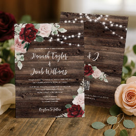 Invitación Boda rústica floral de borgoña y rosa desmayado