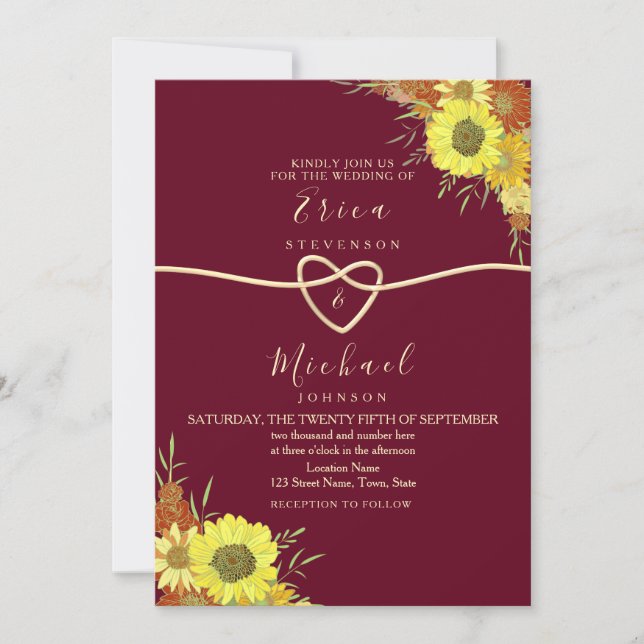 Invitación Boda rústica floral de girasoles borgoña (Anverso)